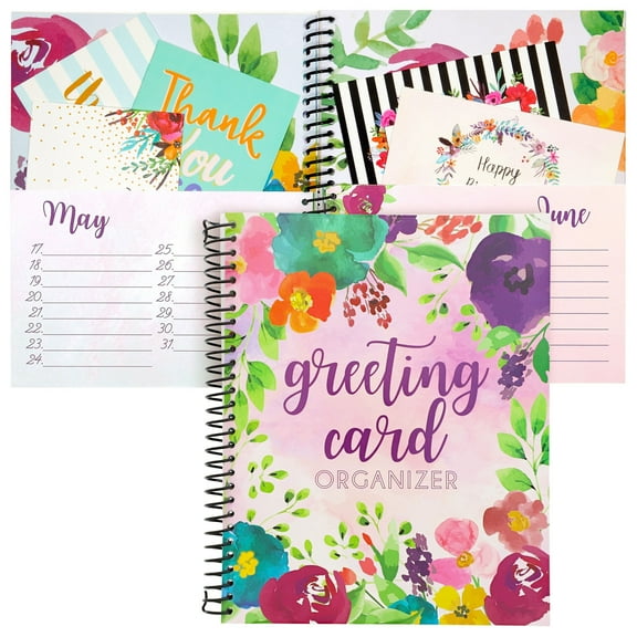 Floral Month by Month Greeting Card Organizer Book with 24 Pockets, Card and File Keeper Dividers for Birthdays, Weddings, Milestones, Graduation Parties, Holiday Reminders (8.5 x 10 In)
