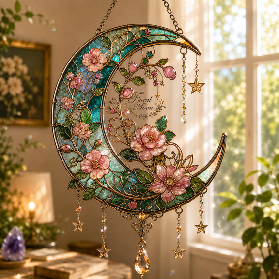Floral Moon Decor Acrylic Suncatcher, Moon Window Hanging Gift for Celestial Lovers