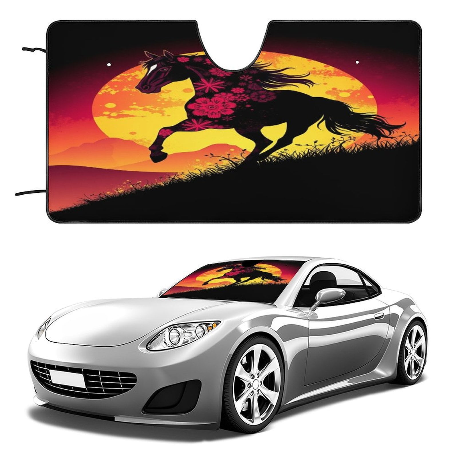 Car Windshield Sun Shade With Horse & Moon Design - Foldable UV Protection For Cars & Trucks