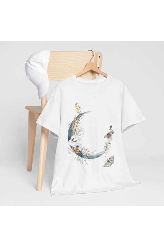 Floral Moon Moth T-Shirt: Unisex Heavy Cotton Tee, Nature Lover Gift, Vintage Birthday Gift