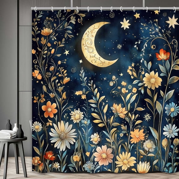 Floral Moon Shower Curtain, Moonlit Botanical Bathroom Curtain Gothic Aesthetic Wildflower Moon Flower Plant Bath Accessories Vintage Colorful Modern Art Home Decor 12 Pack Hooks 70X70in