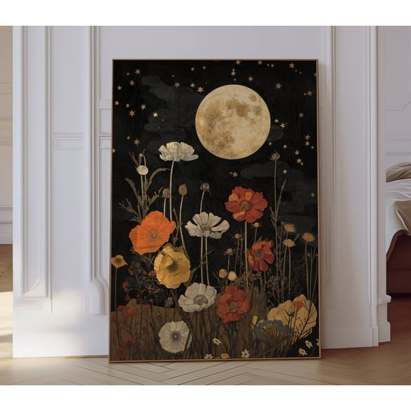 Floral Moon Wall Art, Moon And Flowers Print, Vintage Moon Print, Wildflowers Moon, Cottagecore Print, Vintage Nature Print, Whimsigoth Art Poster Unframed