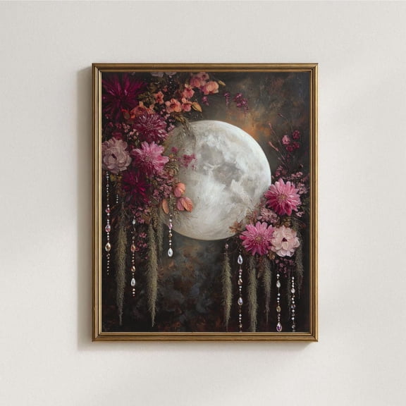 Floral Moon Wall Art, Witchy Wall Decor, Gothic Botanical Art, Unframed Paper Poster 8x10in