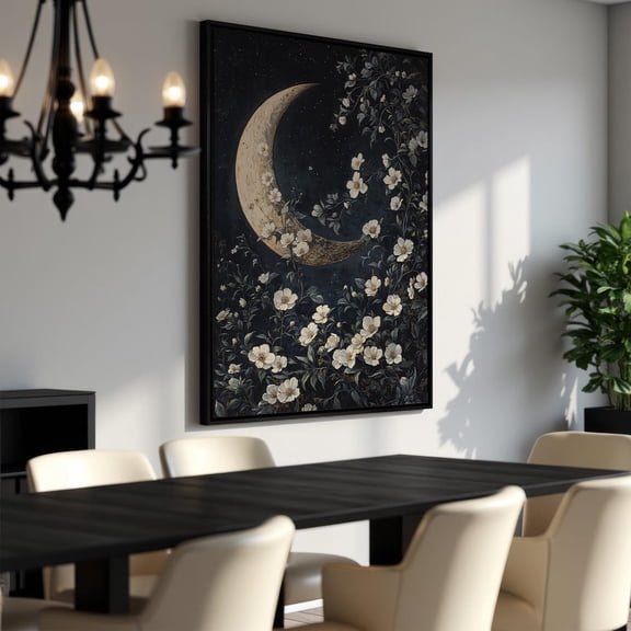 Floral Moonlit Night Poster, Starry Night Botanical Art - Romantic Decor, Moon Wall Art - Ready To Hang For Her, Unframed Poster Size 12x18