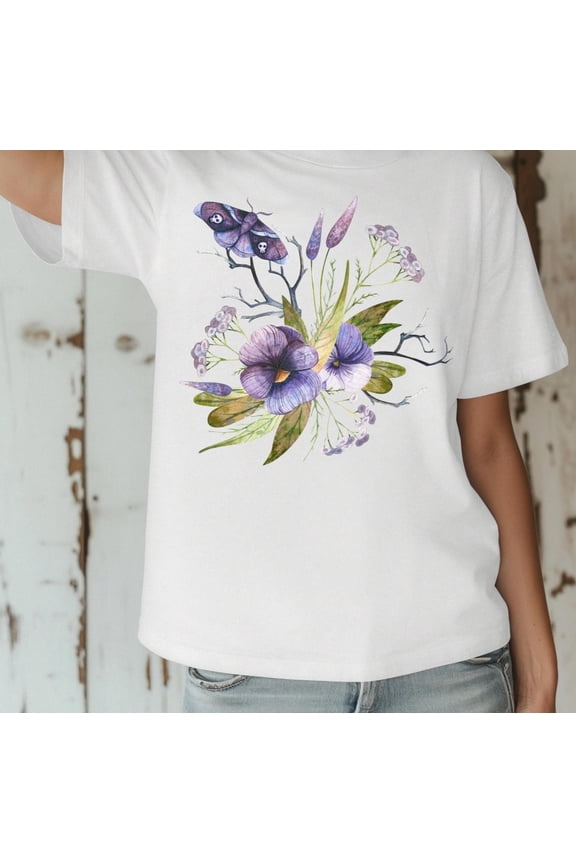 Floral Moth Graphic T-Shirt: Gothic Botanical Design