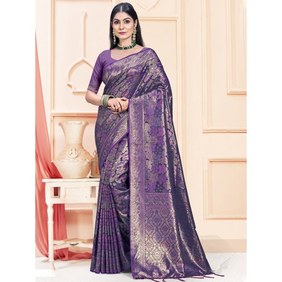Floral Motif Satin Silk Saree With Attractive Pallu, Border And Tassels – Muted Purple