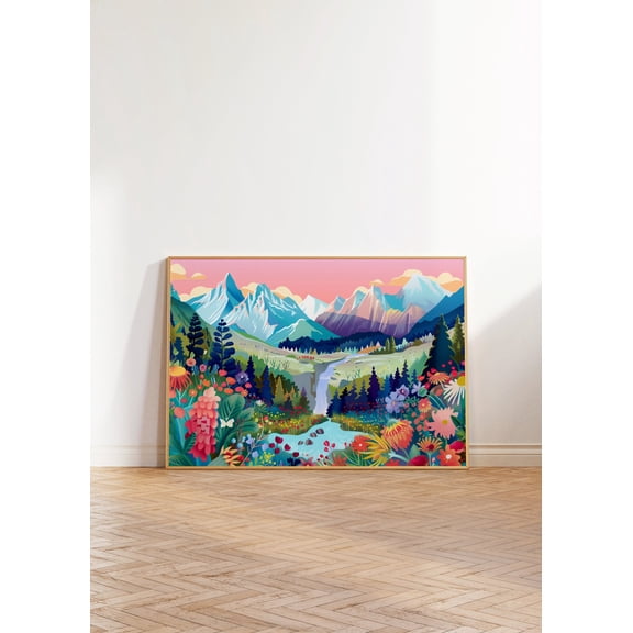 Floral Mountain Landscape Art Print Colorful Scenery Illustration Unframed Paper Print