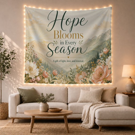 Floral Mountain Scene with Hope Verse, Inspirational Illustration for Nature Lovers, Uplifting Art Decor, Housewarming Gift Tapestry Wall Hanging for Bedroom and Living Room