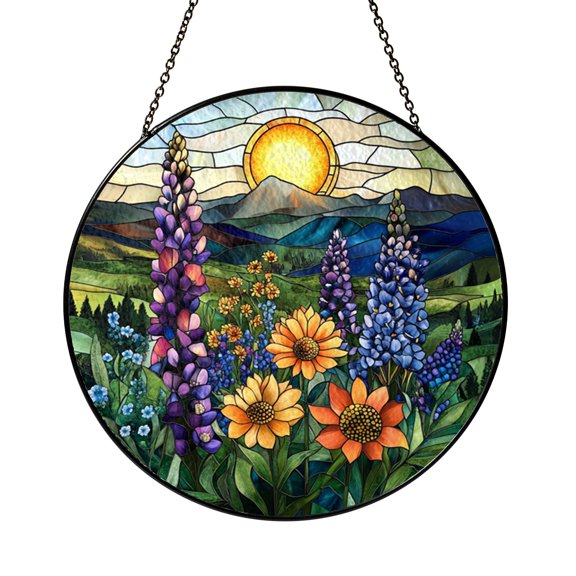 Floral Mountain Sunset Glass Style Window Hanging – Scenic Home Decor