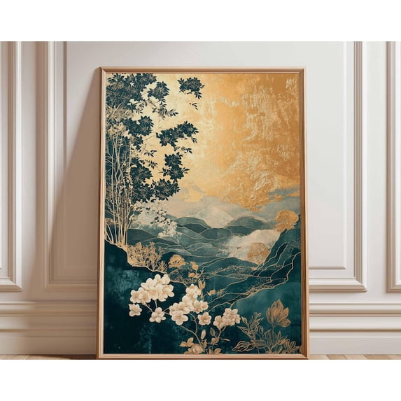 Floral Mountain Teal Gold Wall Art Print, Unframed Paper Poster 11x14in