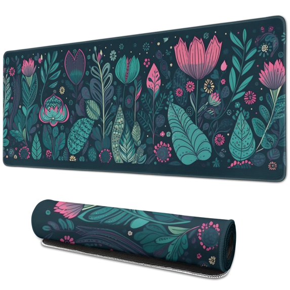 Floral Mouse Mat, Flower Black Base Gaming Mouse Pad, Rectangle Large Non-Slip Rubber Gaming Mouse Pad with Stitched Edges, Office Mouse Pad for Women Men Kids, 31.5x11.8in