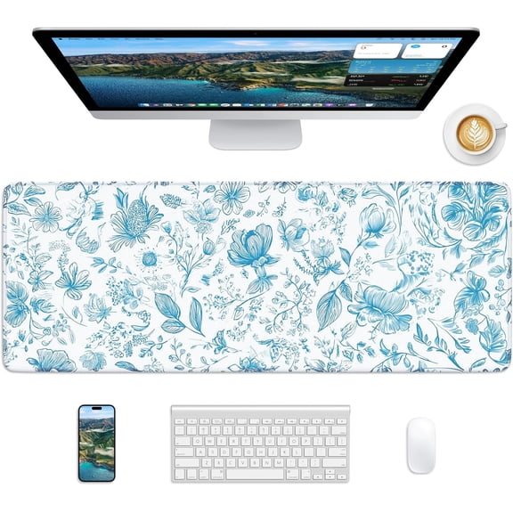 Floral Mouse Pad, 31.5 x 11.8 Large Desk Mat with Stitched Edges & Non-Slip Base, Mousepad for Office, Home, Work, Elegant Flower