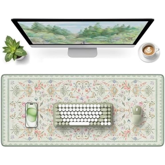 Floral Mouse Pad, 35.4" x 15.7" Waterproof Makeup Mat, Cute Aesthetic Desk Decor Pad, Women Office Keyboard Matt with Stitched Edges, Green Desk Accessories Work for Home