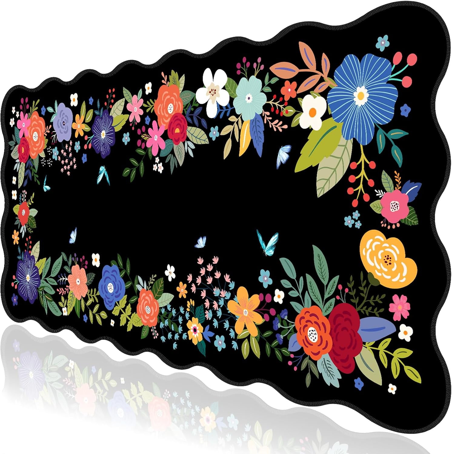 Floral Mouse Pad,Black Desk Mat XXL Large Scalloped Gaming Mousepad,35.4x15.7in Non-Slip Rubber Base Keyboard Pad Waterproof Desktop Mat for Laptop Computer Game Home Office-Black Floral