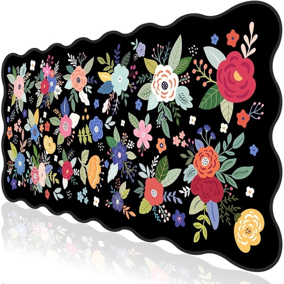 Floral Mouse Pad,Botanical Desk Mat XXL Large Scalloped Gaming Mousepad,35.4x15.7in Non-Slip Rubber Base Keyboard Pad Waterproof Desktop Mat for Laptop Computer Game Home Office-Flowers