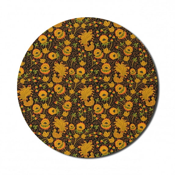 Floral Mouse Pad for Computers, Rhythmic Eastern Style Motif Vivid Folk Art Illustration Print, Round Non-Slip Thick Rubber Modern Gaming Mousepad, 8" Round, Black Orange, by Ambesonne