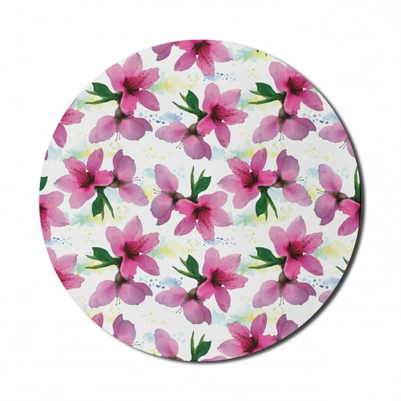 Floral Mouse Pad for Computers, Vivid Cherry Blossom Sakura Petals Botany Essence Watercolor Artwork, Round Non-Slip Thick Rubber Modern Gaming Mousepad, 8" Round, Fuchsia Yellow, by Ambesonne