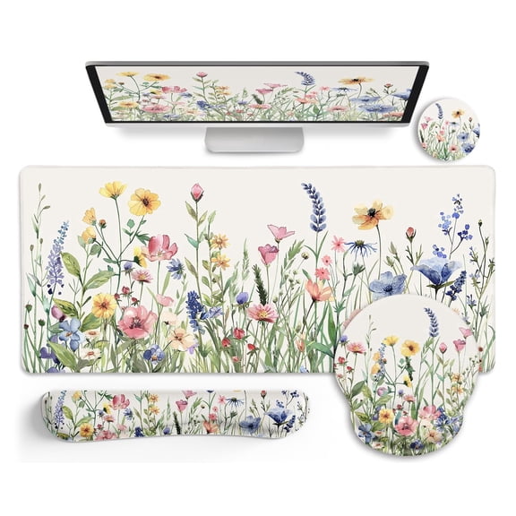 Floral Mouse Pad Set with Wrist Rest - Large Extended Desk Mat, Keyboard Pad & Coaster, Non-Slip Water-Resistant Surface, Ergonomic Support for Office & Gaming