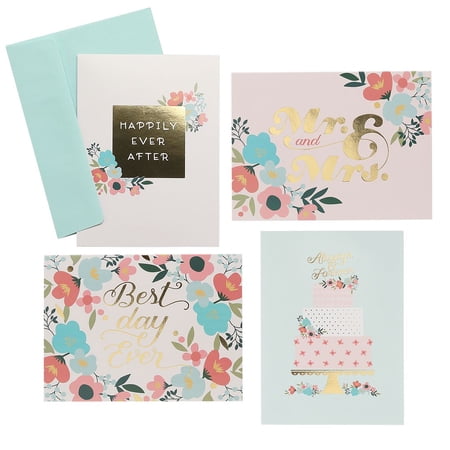 Floral Mr And Mrs Wedding Anniversary Card Assortment / 12 Cards With Mint Envelopes / Real Gold Foil / 4 5/8" x 6 1/4" Folded Greeting Cards / 4 Modern Designs