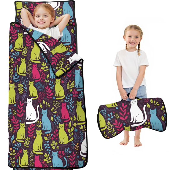 Floral Multicolor Cat Black Pattern Teens Toddler Nap Mat with Pillow, Sleeping Mat Bag for Preschool Daycare 59"x22"