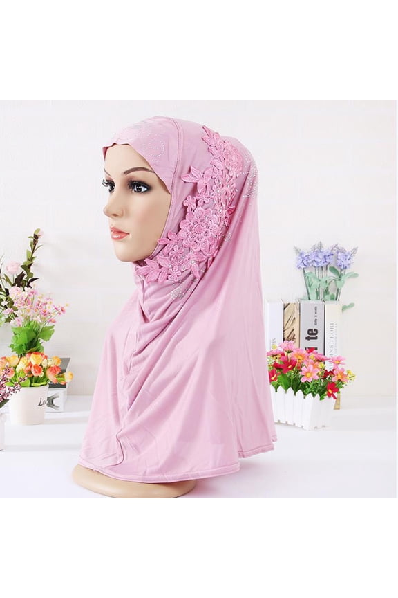 Floral Muslim Hijab for Women Chiffon Head Scarf Long Lace Flower Head Wrap Scarves Instant Full Cover Turban One Piece Muslim Hijab Lace Applique Long Head Wrap with Rhinestones Lightweight Shawl