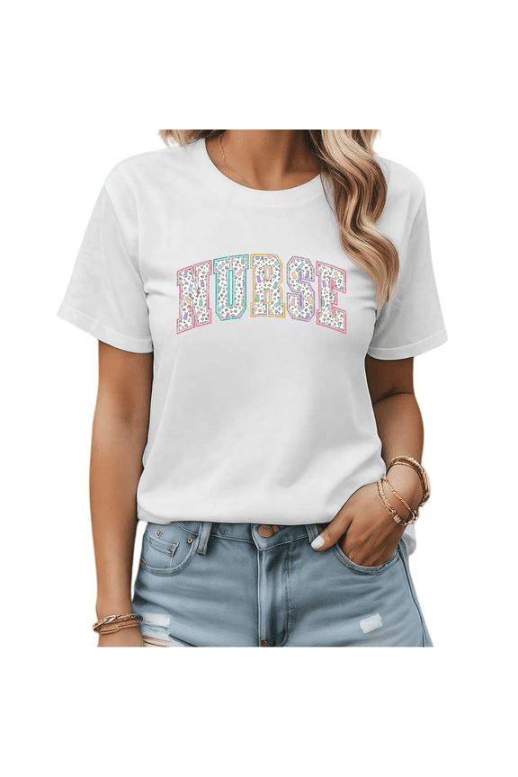 Floral NURSE Leopard Print Graphic Tees Womans Tshirt Shirts Black White S-5XL Tops