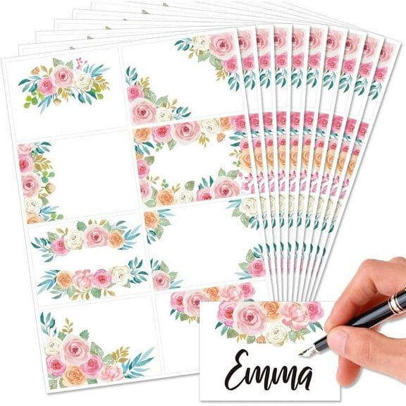 Floral Name Tags Stickers 80Pcs/10 Sheets 3.3x2.4 Inch Multicolor Plastic Flower Style Office Products Multi-color