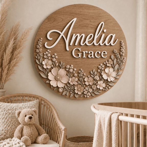 Floral Name Wooden Sign for Daughter Bedroom
