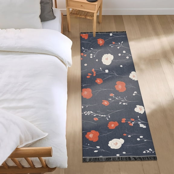 Floral Navy Background Bedroom Runner Rug 2'x 6' Non Slip Carpet Indoor Home Area Rug Living Room