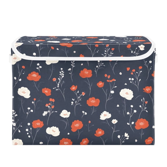 Floral Navy Background Large Storage Bins with Linen Collapsible Lid Storage Box 16.7 x 12.6 x 11.8in
