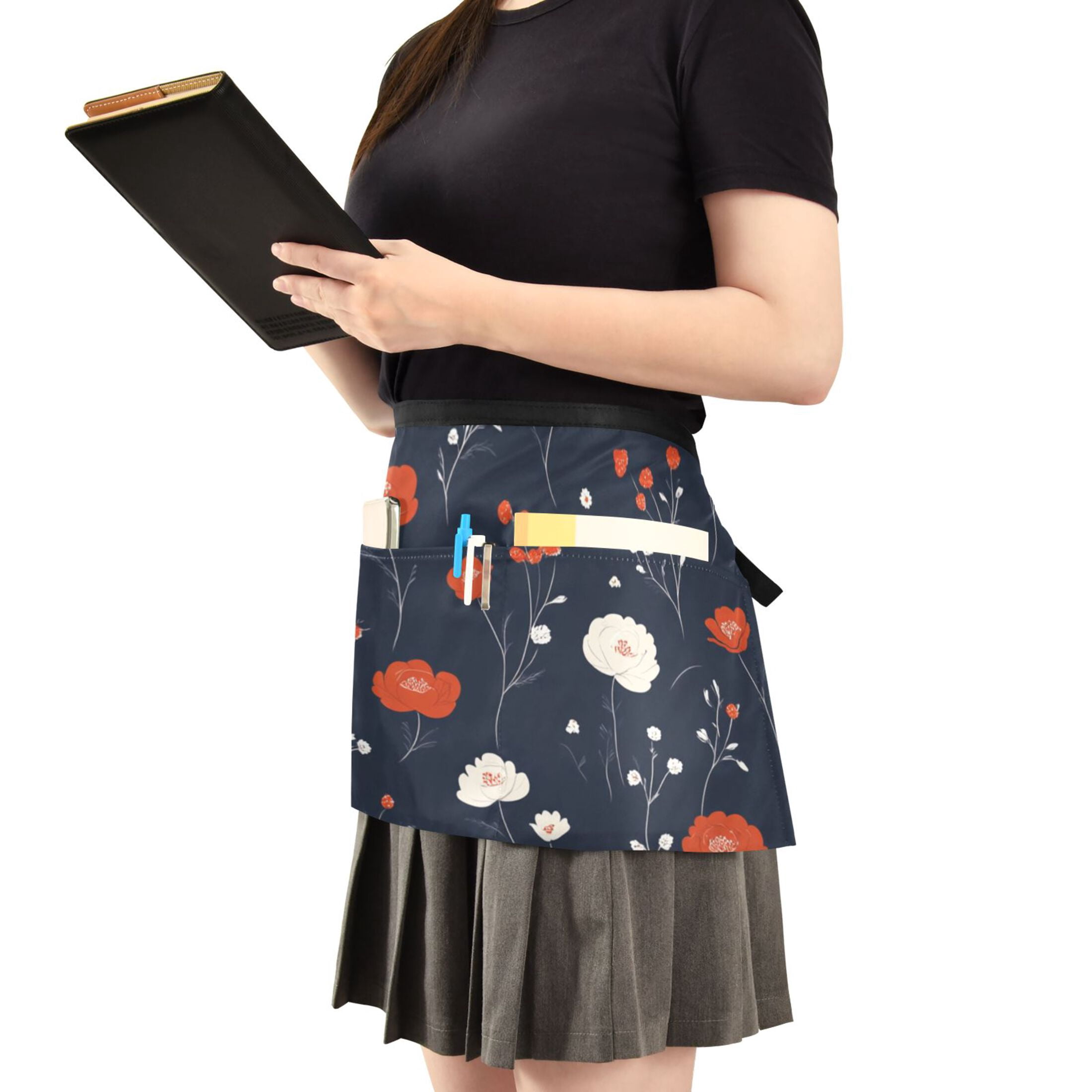 Floral Navy Background Server Apron with 3 Pockets Waist Apron for ...