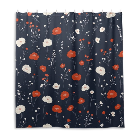 Floral Navy Background Shower Curtain Liner 66x72 Inch Waterproof Shower Curtains Decorative Bathroom with 12 Pack Hooks