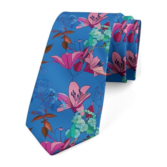Floral Necktie, Blooming Lilies and Phloxes, Dress Tie, 3.7", Azure Blue Multicolor, by Ambesonne