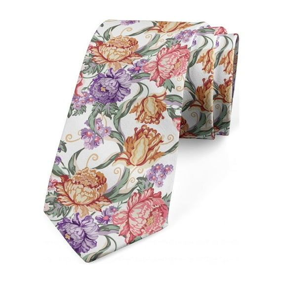 Floral Necktie, Retro Flowers and Curls, Dress Tie, 3.7", Multicolor, by Ambesonne