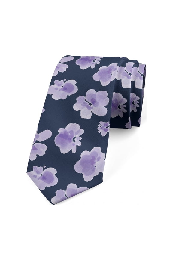 Floral Necktie, Watercolor Flower Blossoms, Dress Tie, 3.7", Night Blue Lavender, by Ambesonne