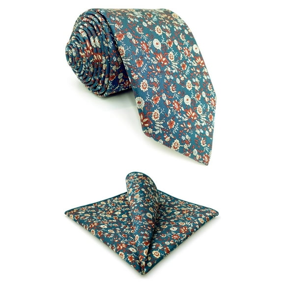Floral Neckties for Men Multicolored Seaweed Green Wedding Set with Matching Pocket Square 57.5"