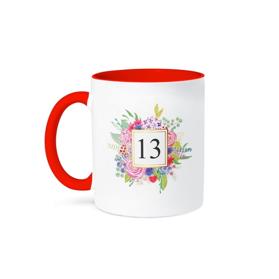 3drose, Floral Number 13 Celebrating 13 Years Old 13th Anniversary or Birthday, 11oz Two-tone Red Mug