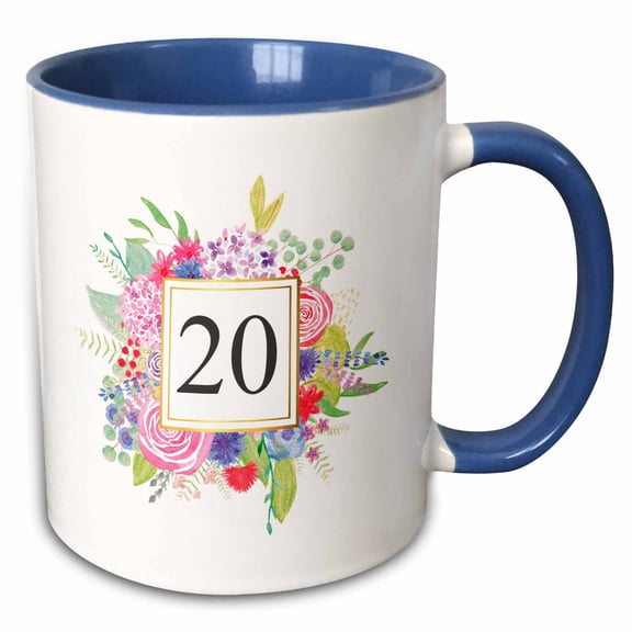 3drose, Floral Number 20 Celebrating 20 Years Old 20th Birthday or Anniversary, 11oz Two-tone Blue Mug
