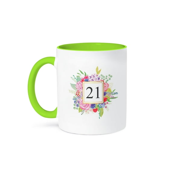 3drose, Floral Number 21 Celebrating 21 Years Old 21st Birthday or Anniversary, 11oz Two-tone Green Mug