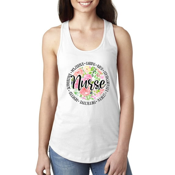Floral Nurse Appreciation Pop Culture Ladies Racerback Tank Top, White, Medium