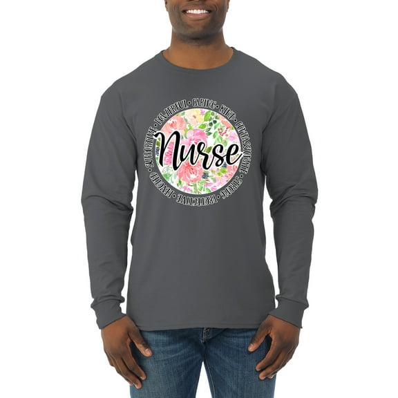 Floral Nurse Appreciation Pop Culture Mens Long Sleeve Shirt, Charcoal, Medium