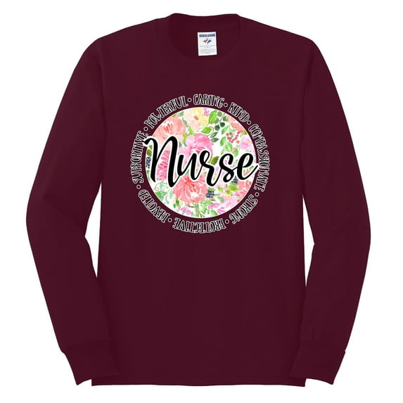 Floral Nurse Appreciation Pop Culture Mens Long Sleeve Shirt, Maroon, XX-Large