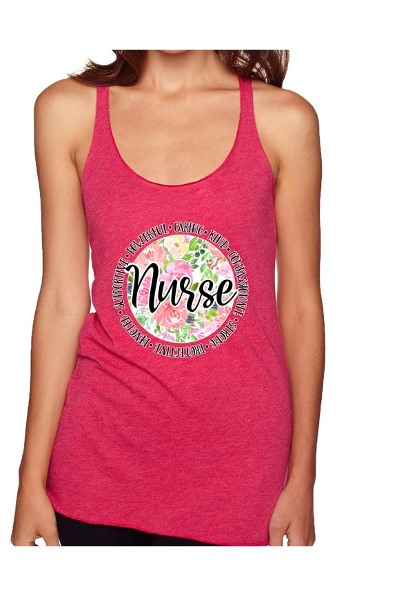 Floral Nurse Appreciation Pop Culture Tri-Blend Racerback Tank Top, Shocking Pink, Large