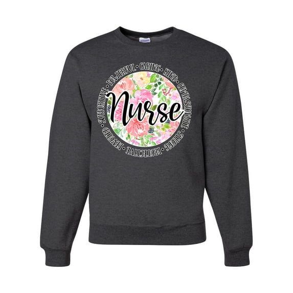 Floral Nurse Appreciation Pop Culture Unisex Crewneck Graphic Sweatshirt, Heather Black, X-Large
