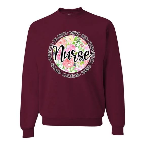 Floral Nurse Appreciation Pop Culture Unisex Crewneck Graphic Sweatshirt, Maroon, Medium