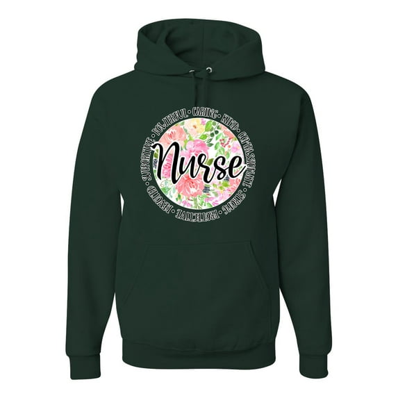 Floral Nurse Appreciation Pop Culture Unisex Graphic Hoodie Sweatshirt, Forest Green, X-Large
