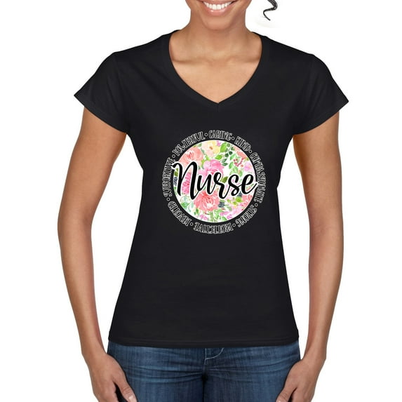 Floral Nurse Appreciation Pop Culture Women’s Standard V-Neck Tee, Black, Large