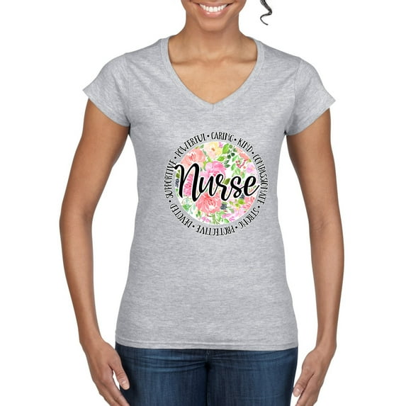 Floral Nurse Appreciation Pop Culture Women’s Standard V-Neck Tee, Heather Grey, XX-Large