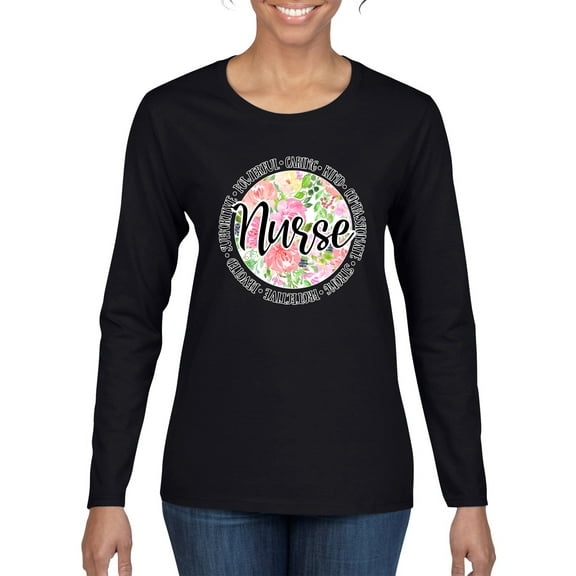 Floral Nurse Appreciation Pop Culture Womens Graphic Long Sleeve T-Shirt, Black, XX-Large