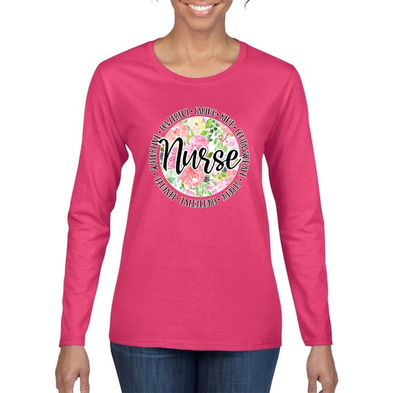 Floral Nurse Appreciation Pop Culture Womens Graphic Long Sleeve T-Shirt, Fuschia, XX-Large